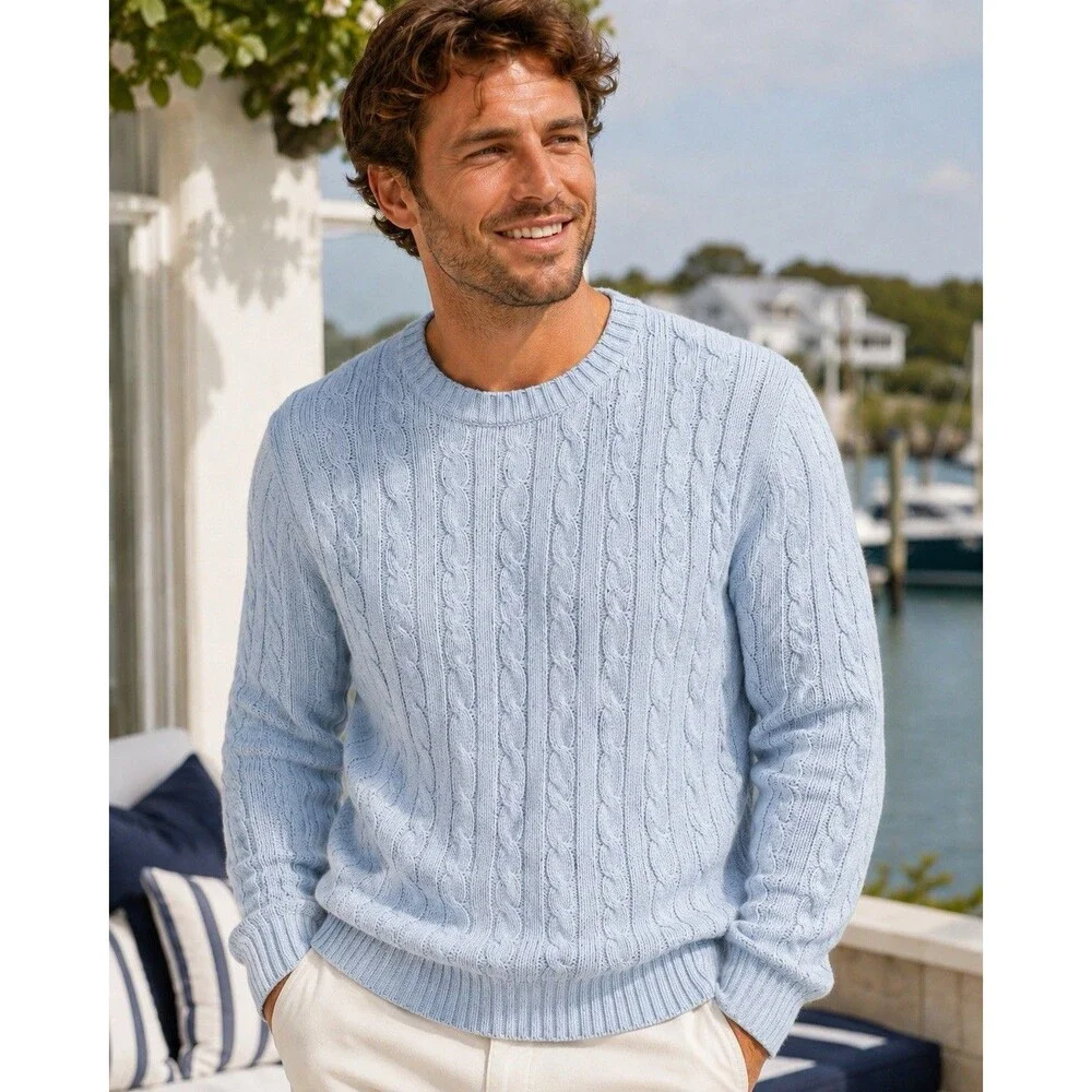 J Crew Cableknit Sweater Mens S Blue Crewneck Cotton Coastal Preppy
